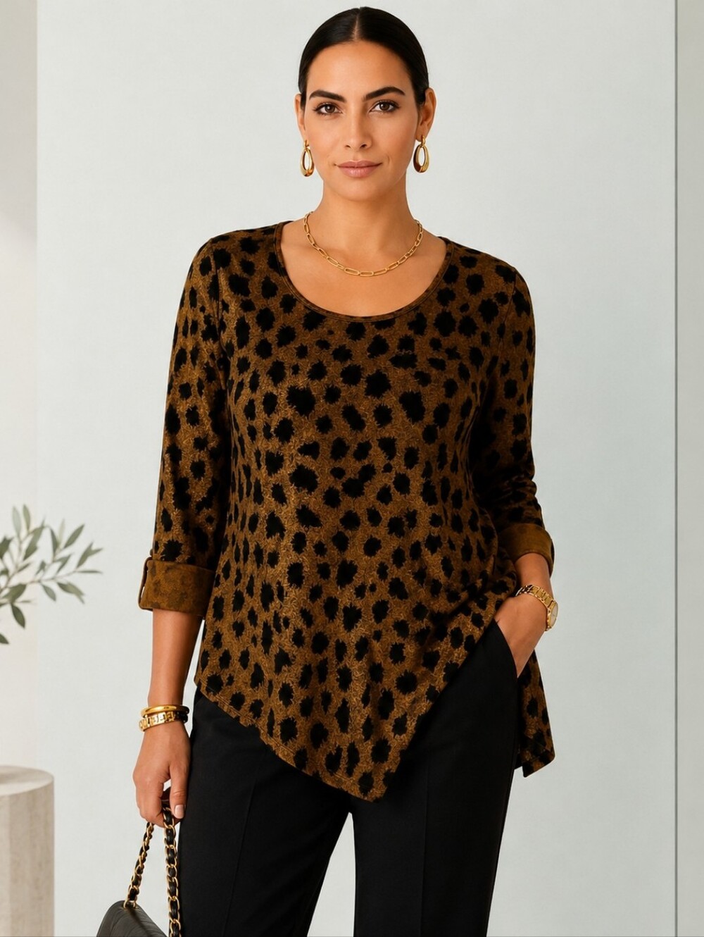 Citiknits Animal Print Graphic Asymmetrical Stretch Top Greengold Black 1X
